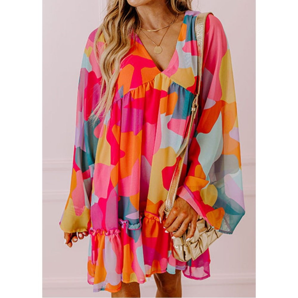 Bright Multi-Color V-Neck Long Sleeve Swing Dress
